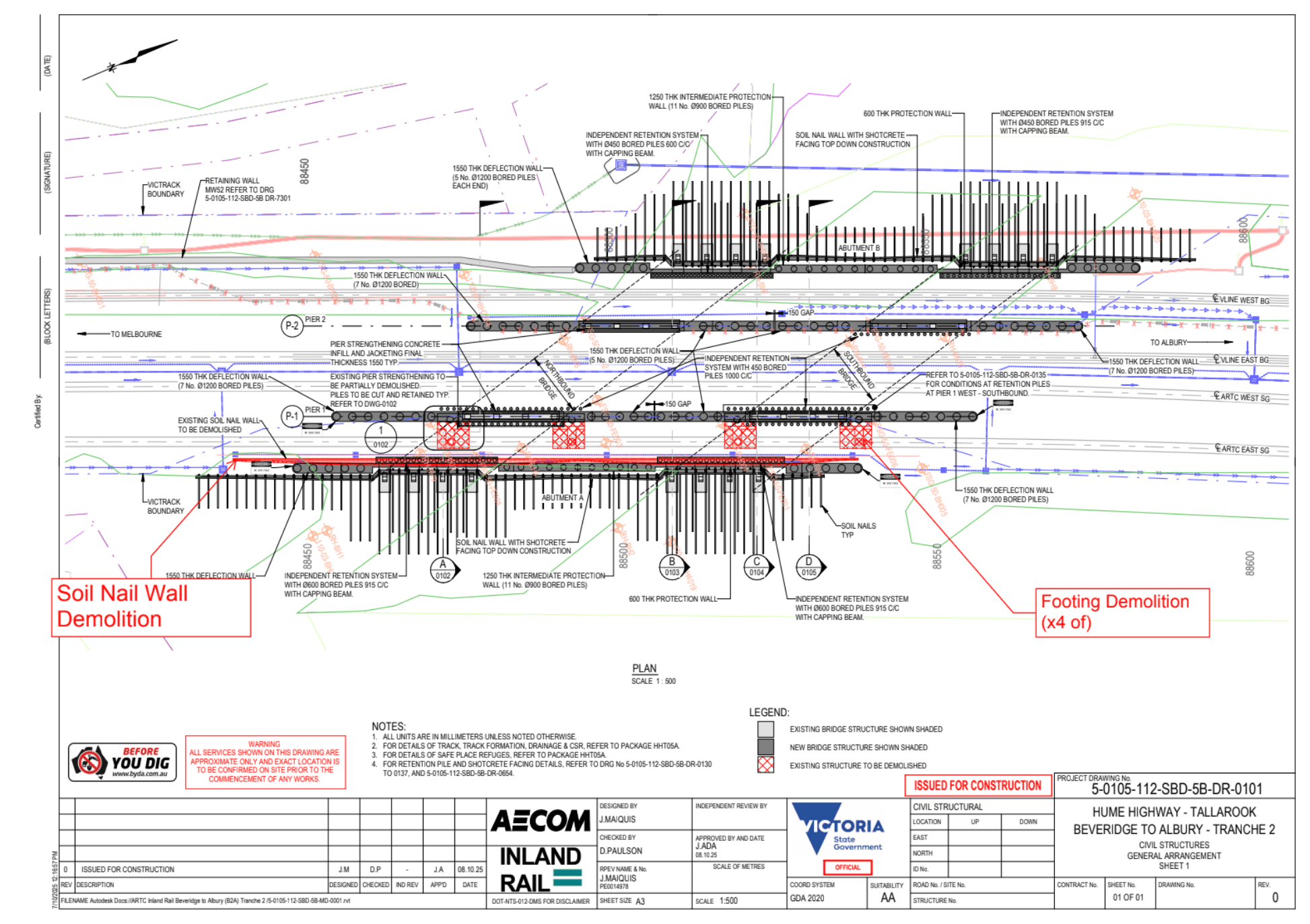 A rail-bridge general-arrangement drawing with tendr detecting and counting each bored pile