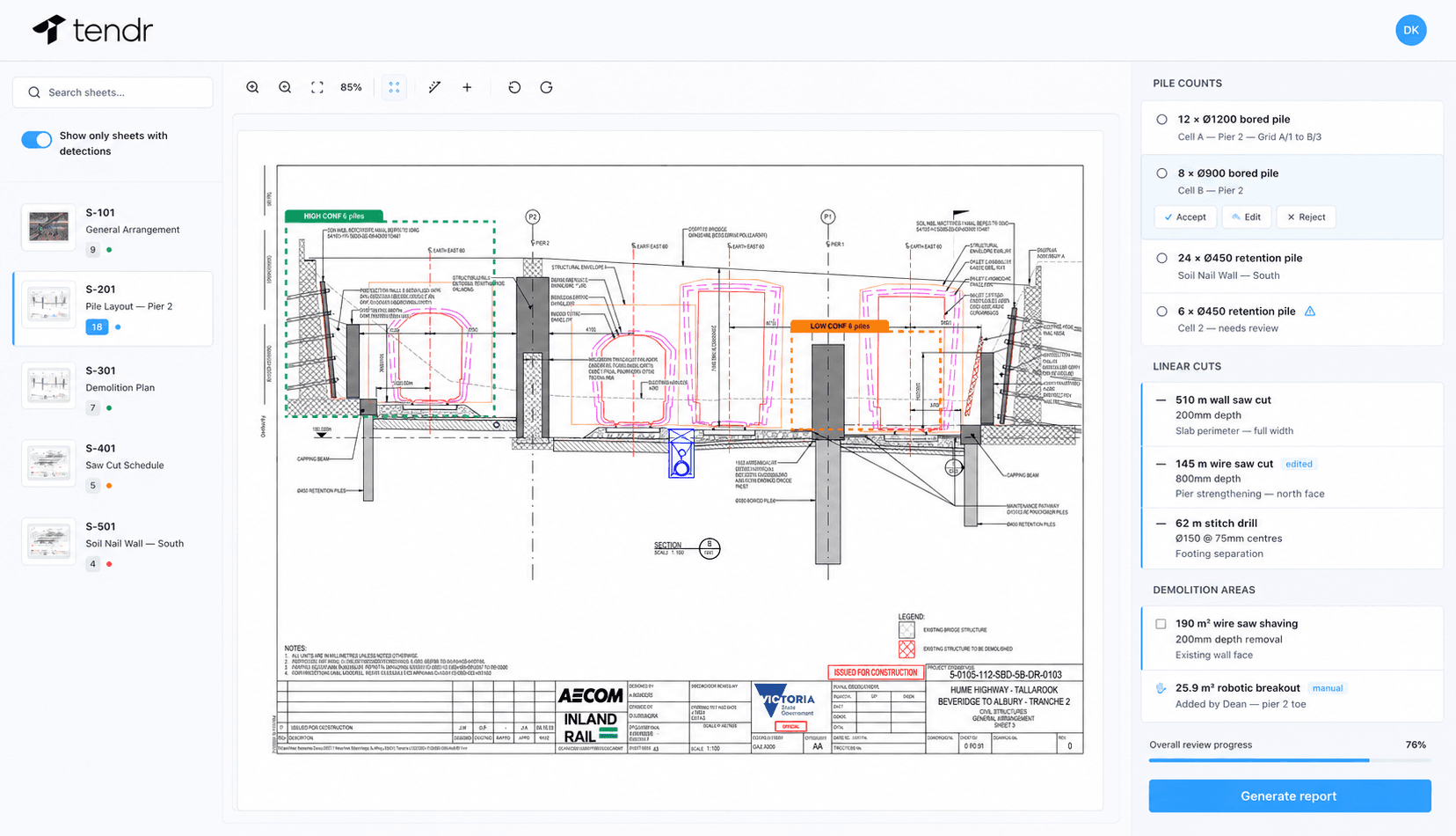 Tendr review interface showing a structural drawing with pile counts and linear cuts